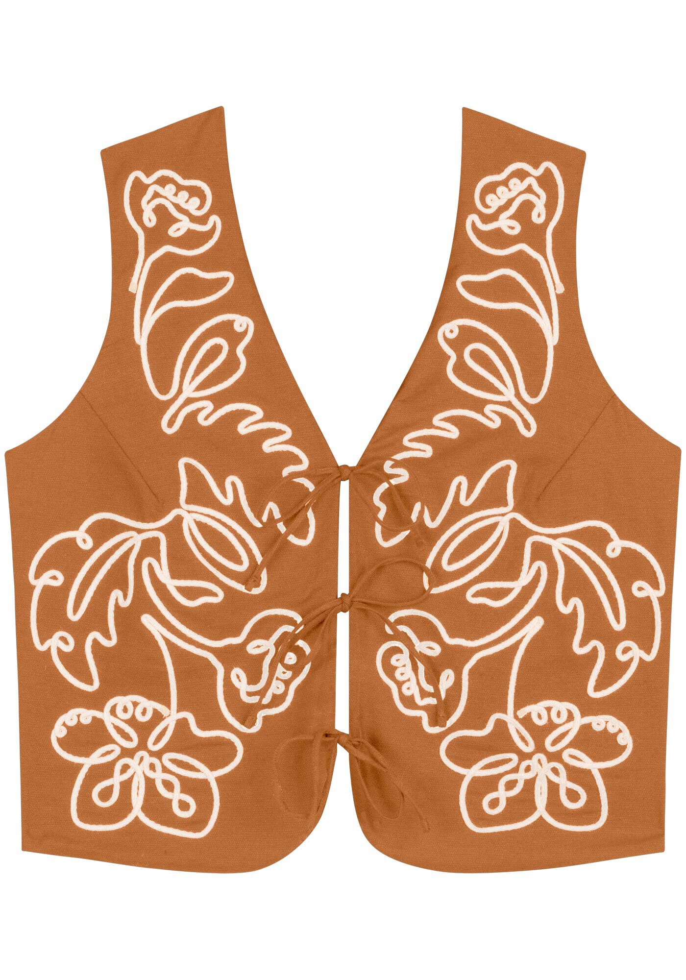 Colete Bordado Com Decote Em V E Amarra&ccedil;&otilde;es Frontais, MARROM ESPERADO, large.
