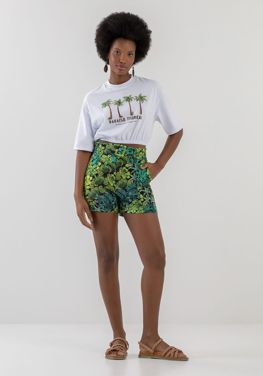 T-shirt Cropped Estampada com Elástico Barra, BRANCO. T-shirt Cropped Estampada com Elástico Barra, BRANCO, large.