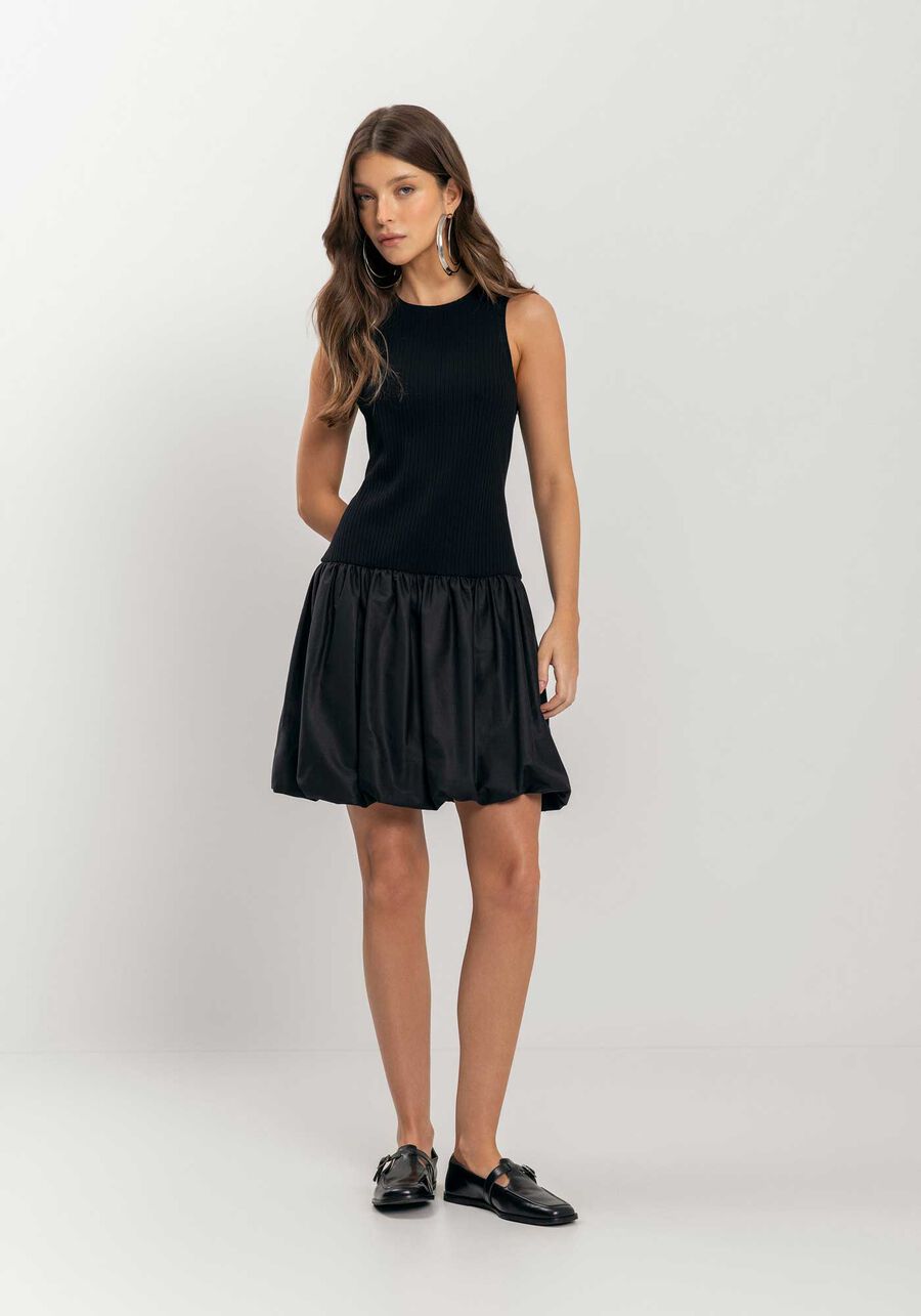 Vestido Curto Balonê Em Malha Canelada E Tafetá, . Vestido Curto Balonê Em Malha Canelada E Tafetá, , large.