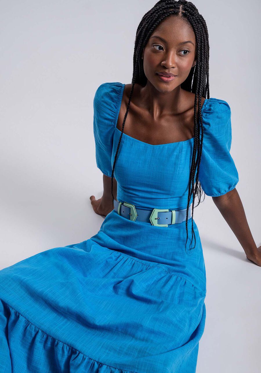 Vestido Midi em Tecido Thige com Manga Bufante, AZUL BAIANO. Vestido Midi em Tecido Thige com Manga Bufante, AZUL BAIANO, large.