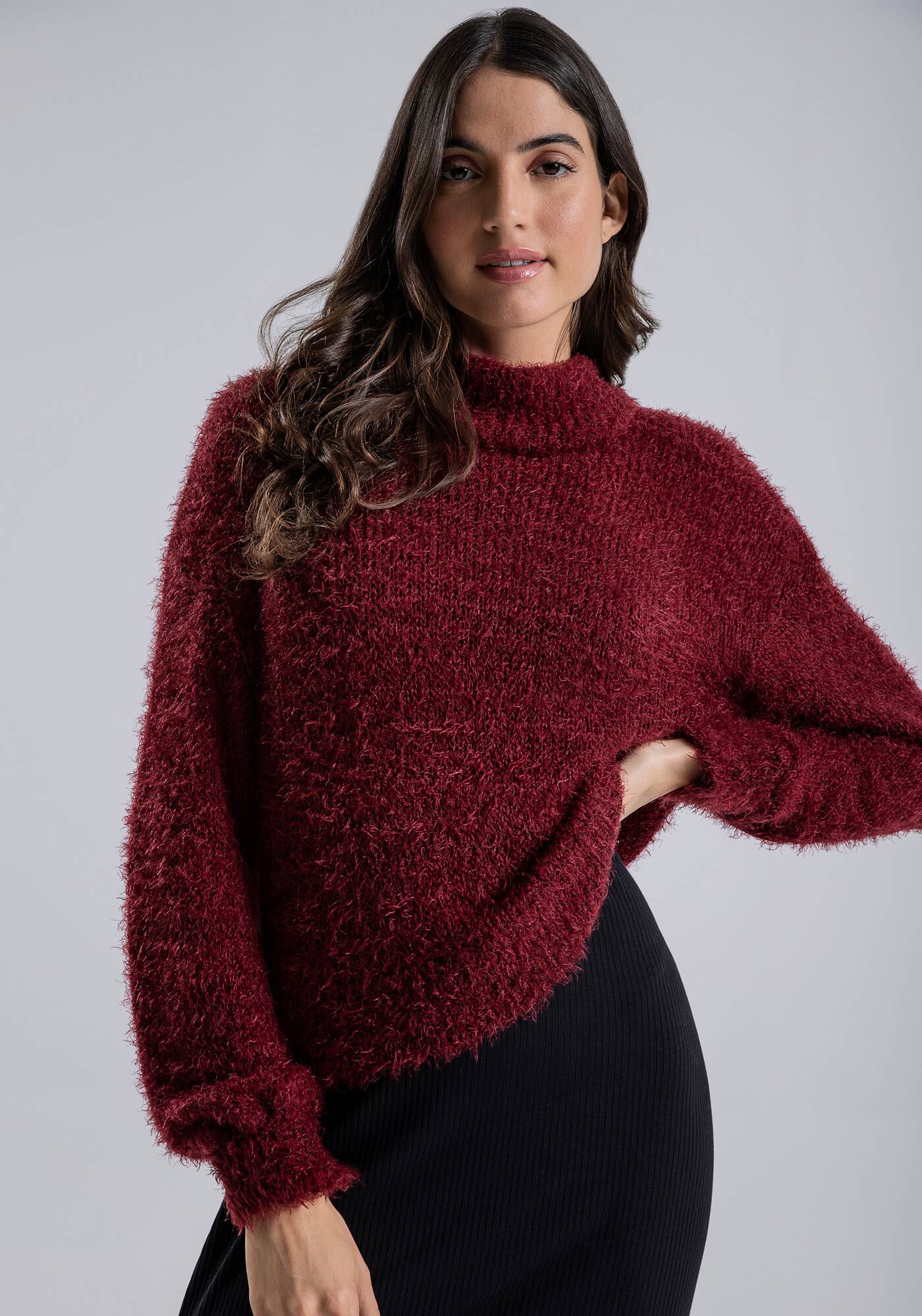 Blus&atilde;o Manga Longa Tric&ocirc; com Gola Alta, , large.