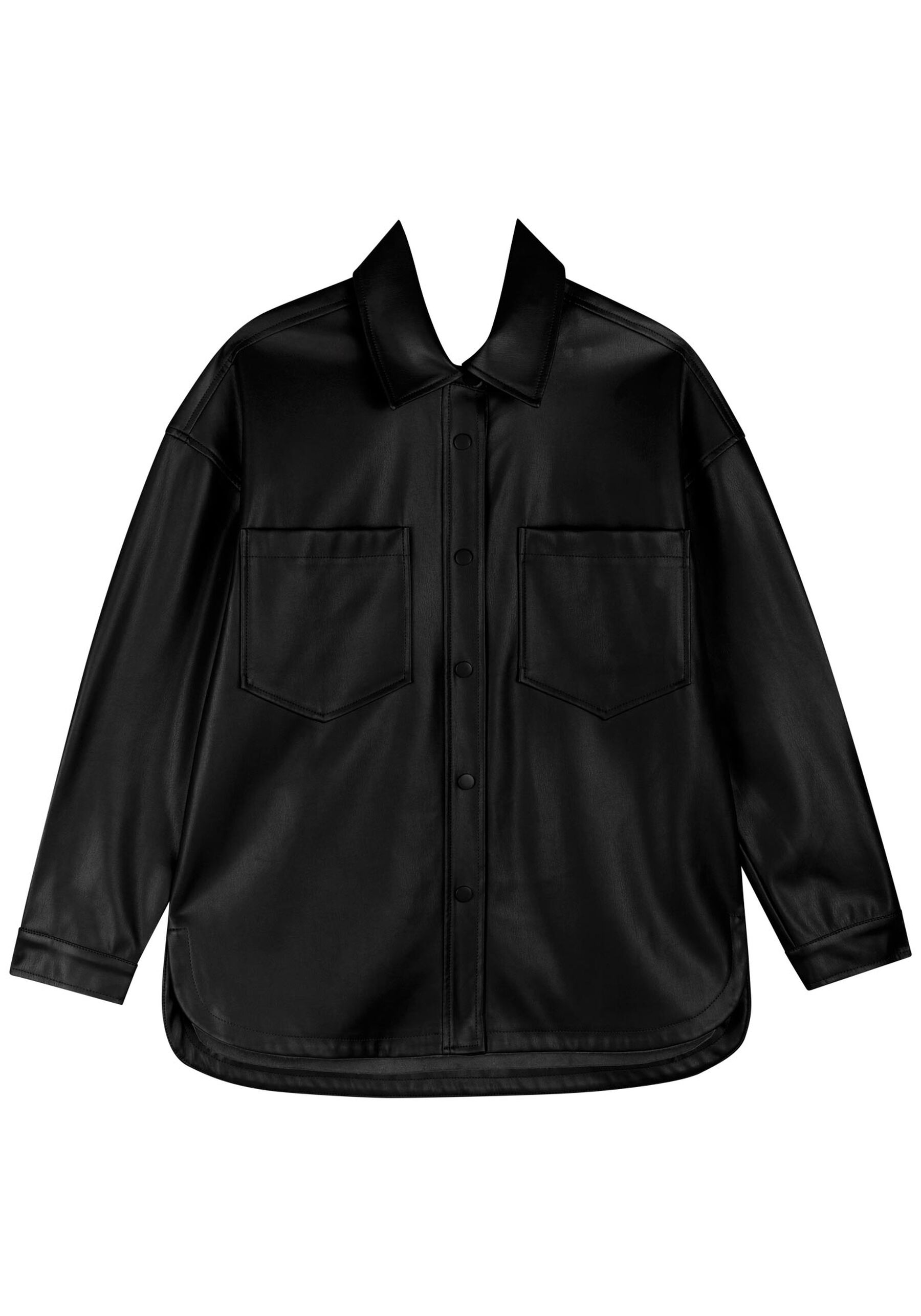 Camisa Alongada Em Pu Com Bolsos E Botões De Pressão, PRETO REATIVO. Camisa Alongada Em Pu Com Bolsos E Botões De Pressão, PRETO REATIVO, large.