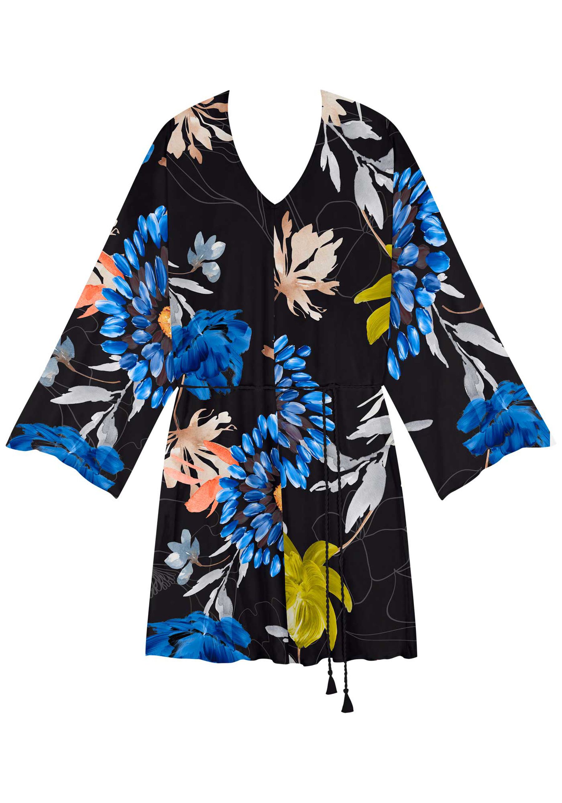 Vestido Curto Estampado Manga longa Com Decote Em V, . Vestido Curto Estampado Manga longa Com Decote Em V, , large.