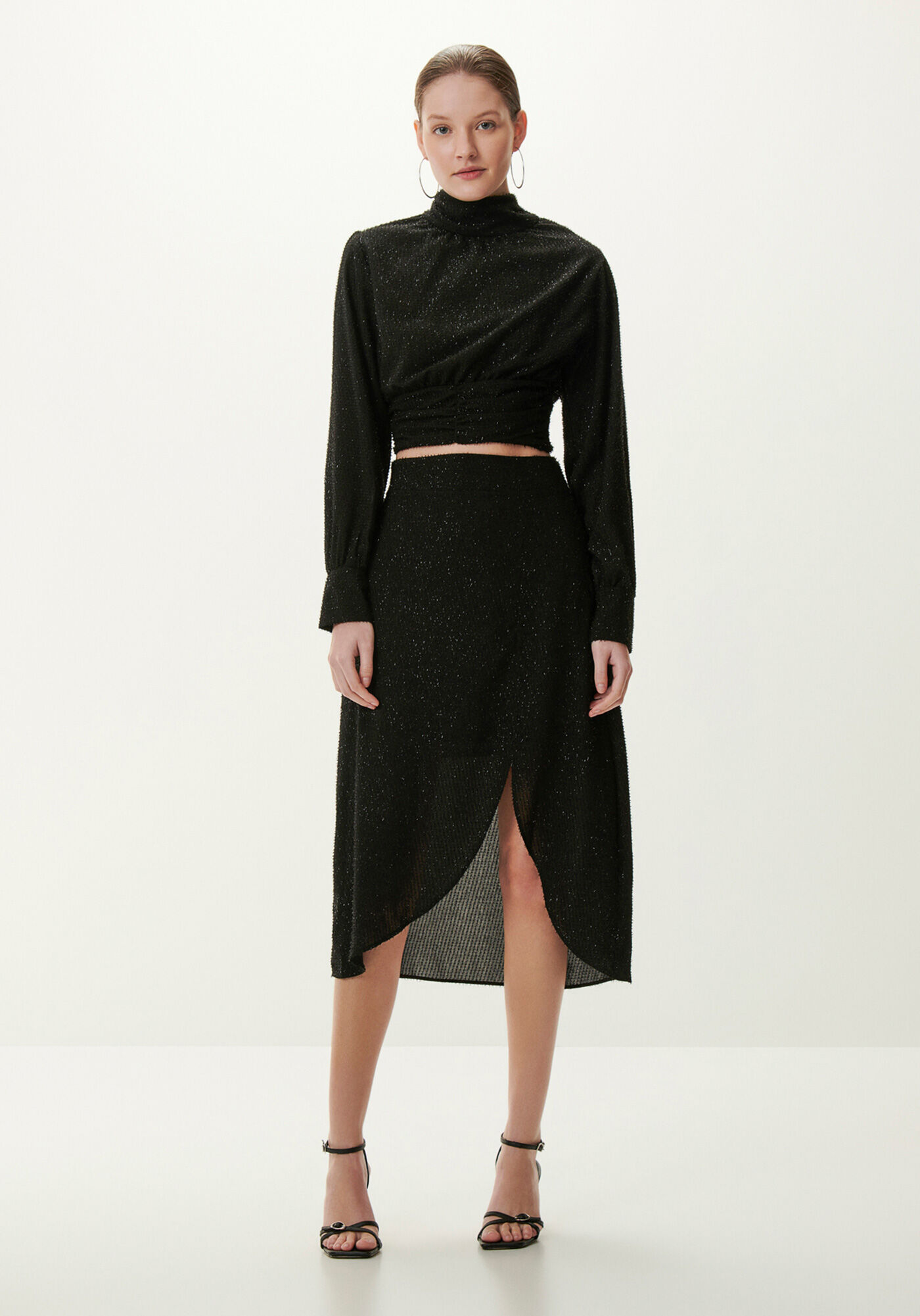 Saia Midi Texturizada com Fenda e Brilho, , large.