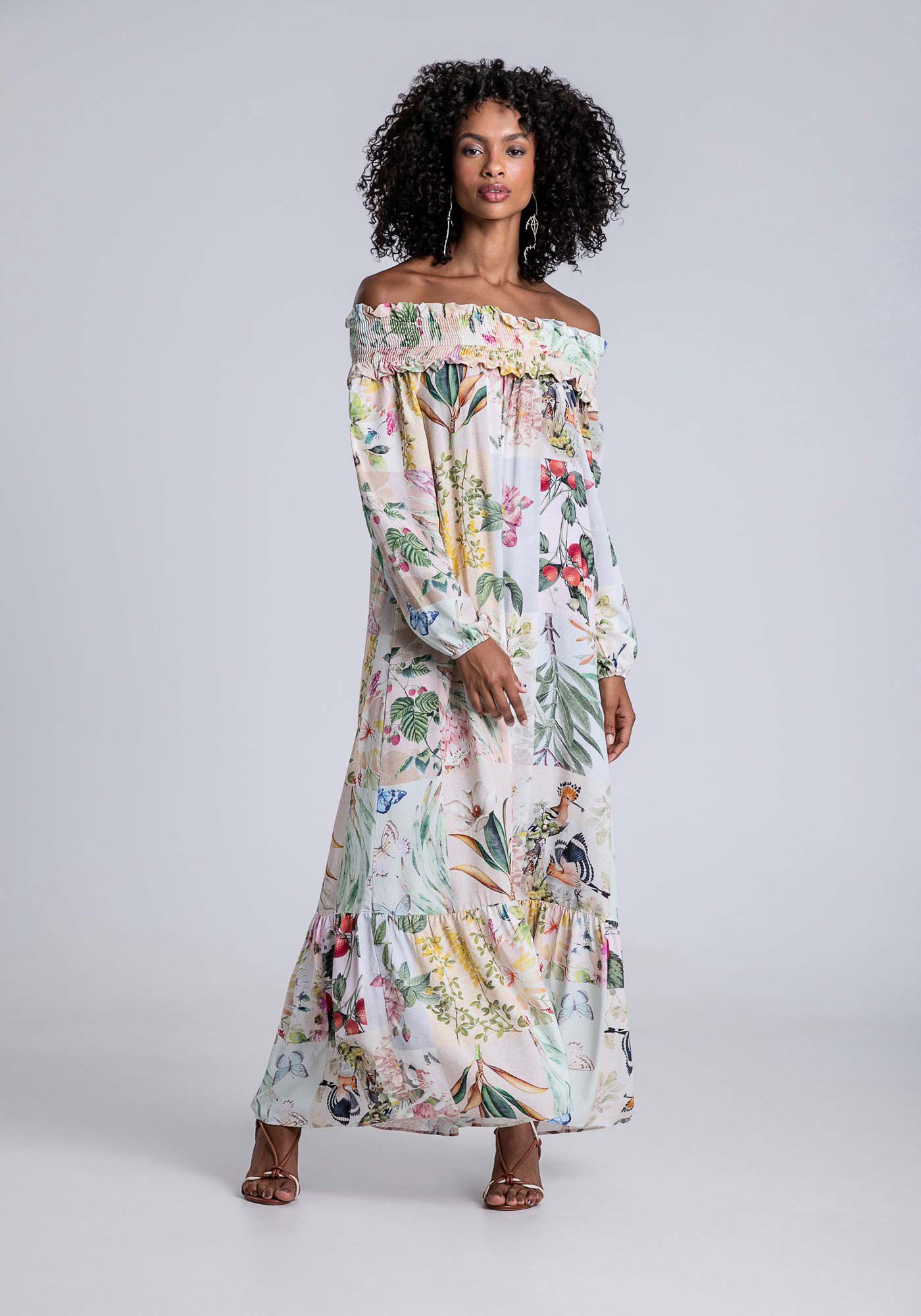 Vestido Midi Ch&aacute; em Viscose Ombro a Ombro, PAPEL DE CARTAS, large.