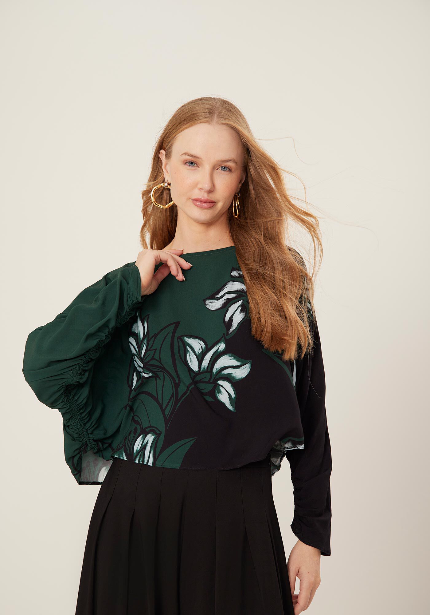 Blusa Curta Estampada Com Mangas Longas E Franzidos, ANEMONE VERDE, large.