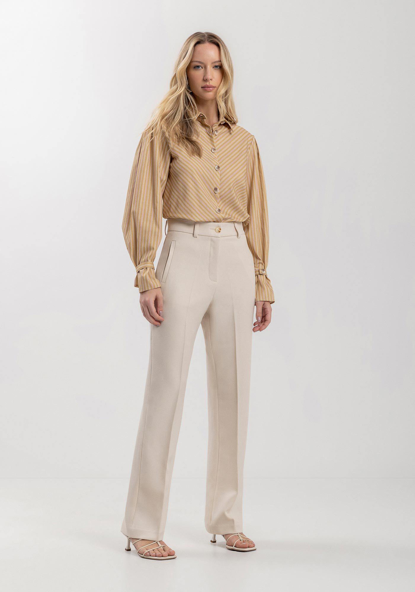 Cal&ccedil;a Reta Alfaiataria Com Cintura M&eacute;dia E Bolsos Embutidos, BEGE MOHAIR, large.