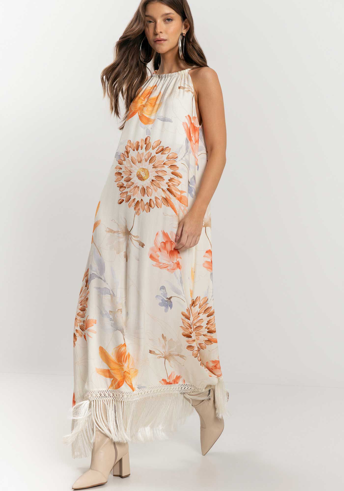 Vestido Longo Estampado Com Franjas Na Barra, , large.