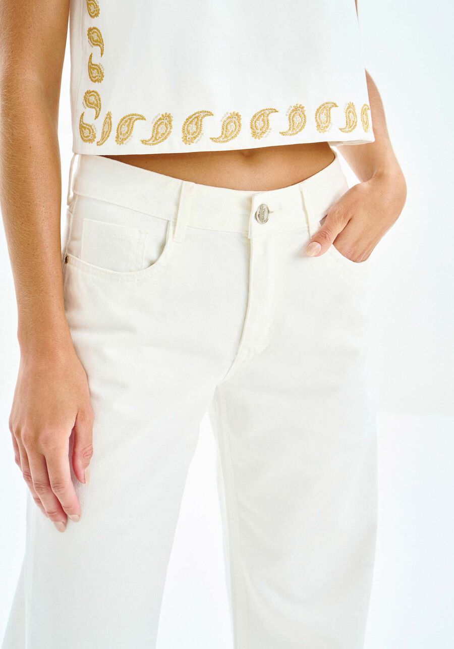 Calça Sarja Wide Leg Cintura Alta, OFF WHITE. Calça Sarja Wide Leg Cintura Alta, OFF WHITE, large.