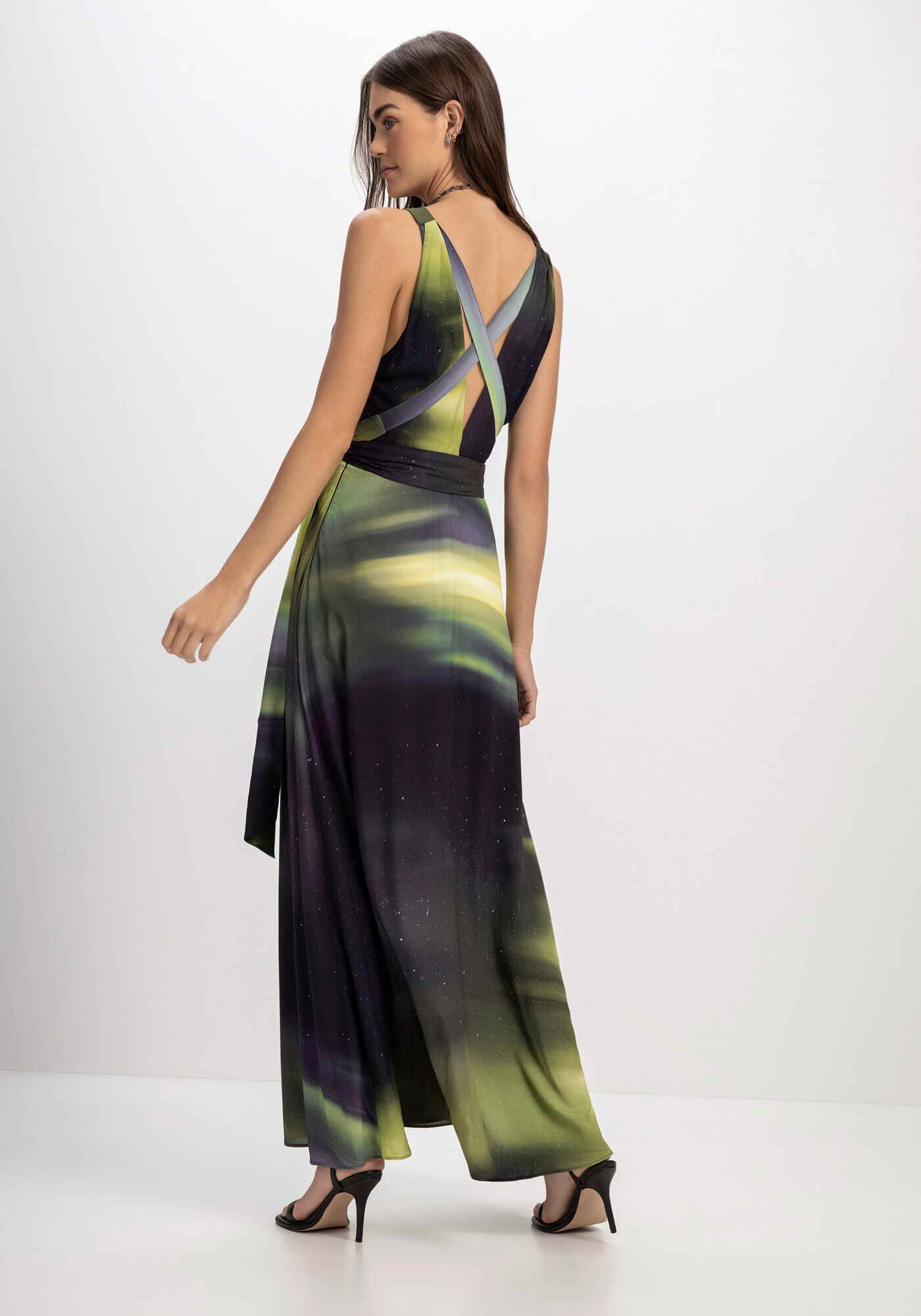 Vestido preto sales longo estampado