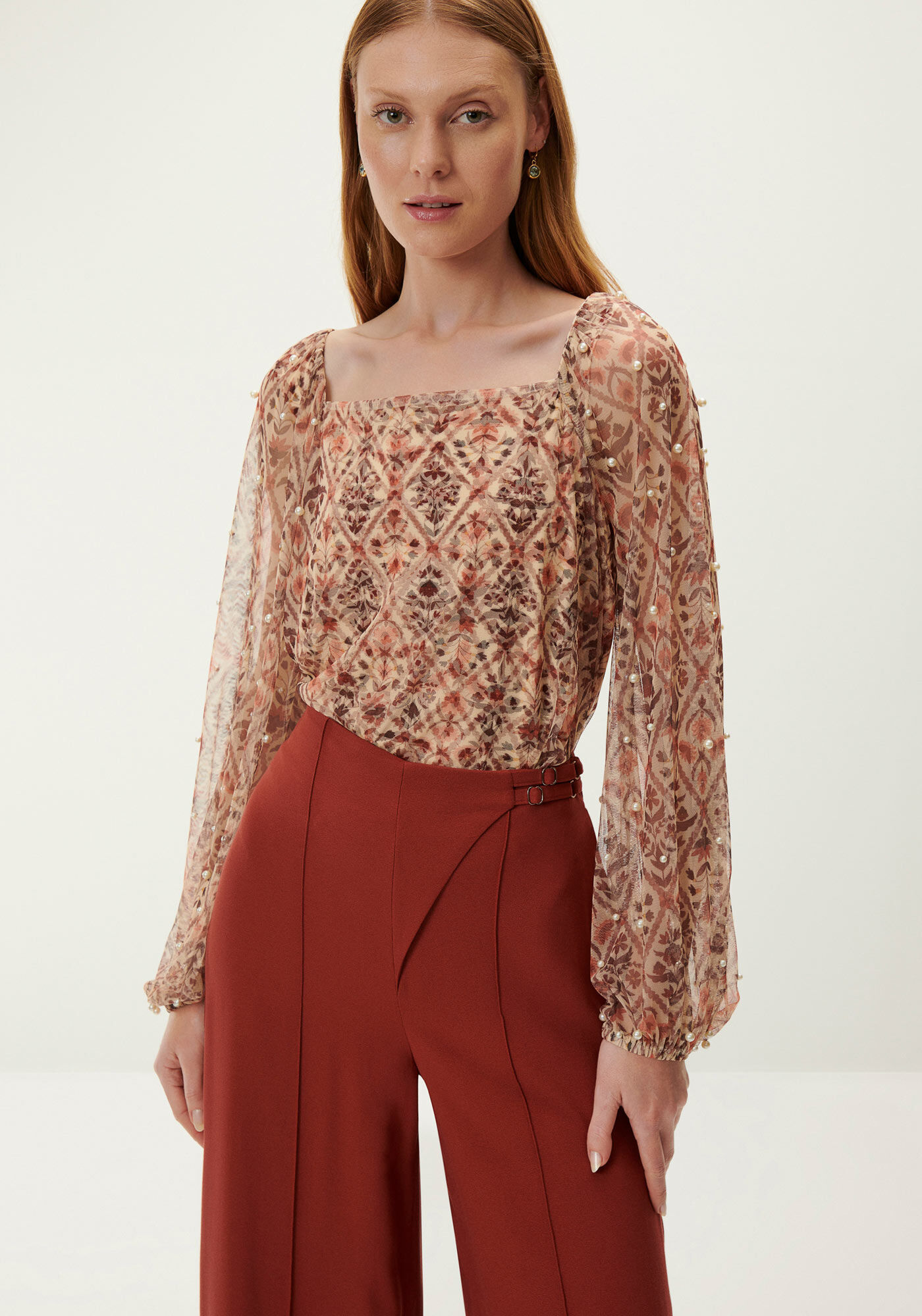 Blusa Estampada com em Tule com P&eacute;rolas, , large.