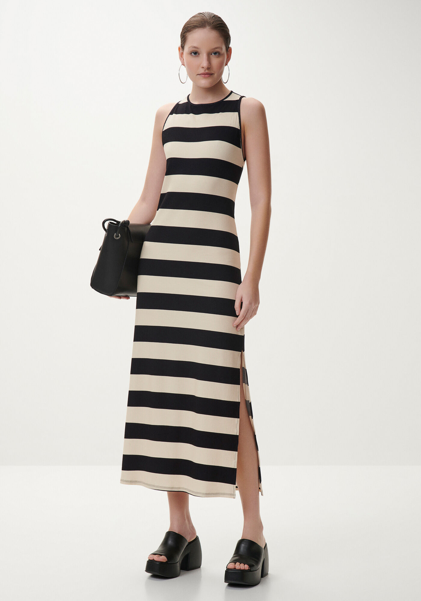 Vestido Midi Canelado Estampado com Fenda Lateral, , large.