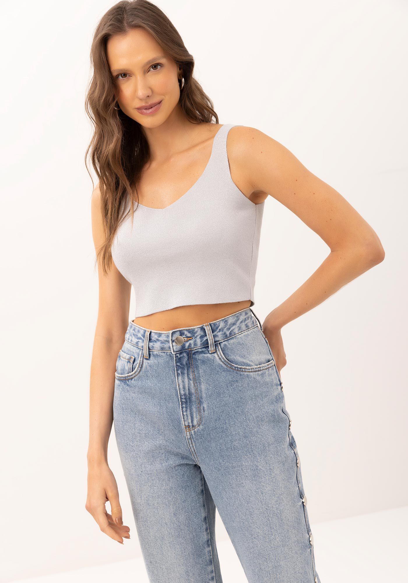 Regata Cropped em Tric&ocirc; com Decote V Basic, , large.