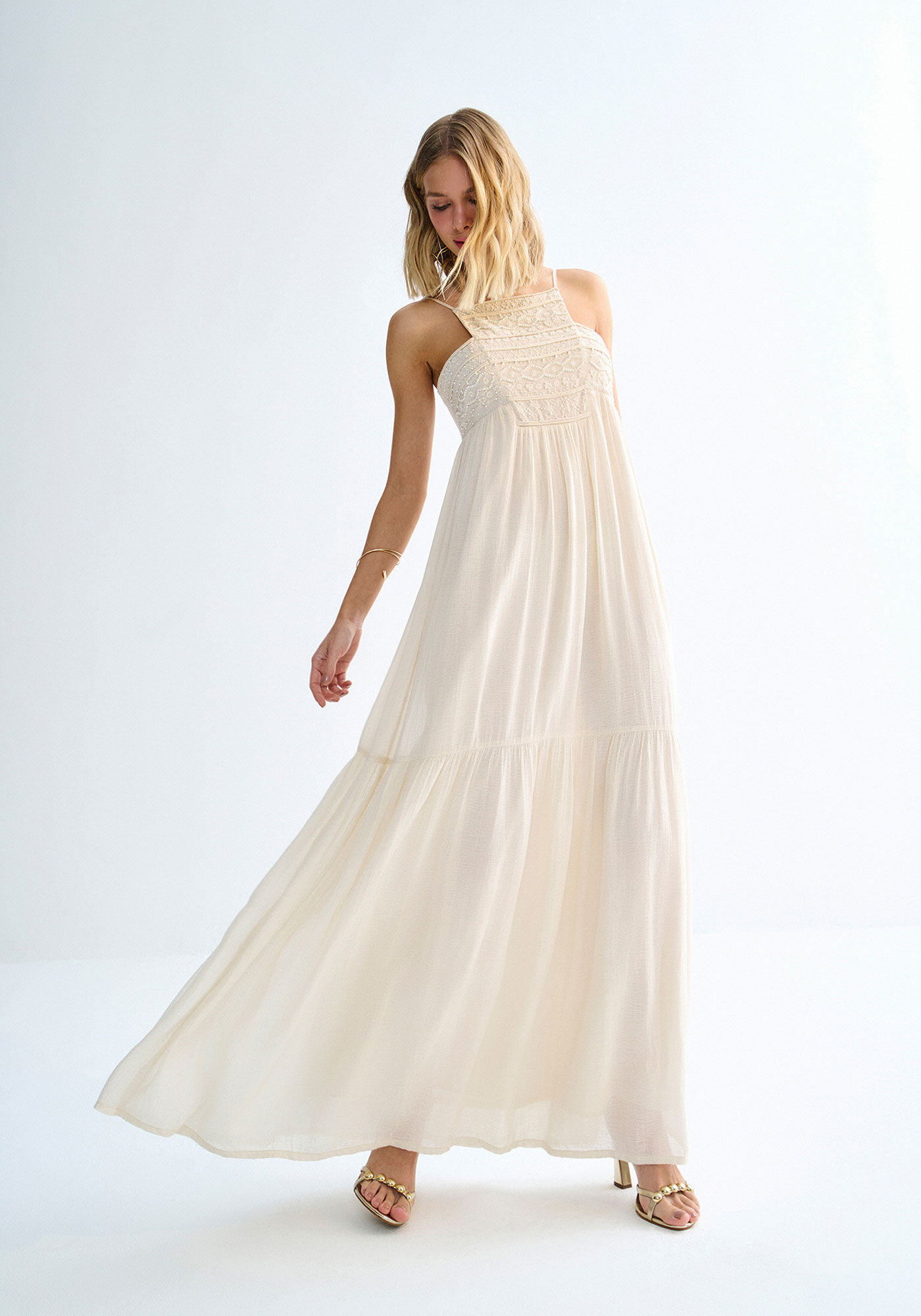 Vestido Longo de Al&ccedil;as Finas, BRANCO OFF WHITE, large.