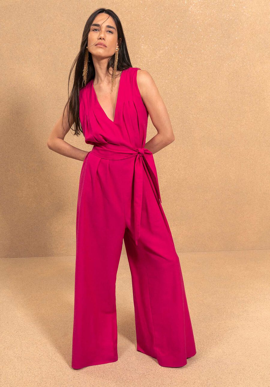 Macacão Longo Amplo Com Decote Em V E Faixa, ROSA ONYX. Macacão Longo Amplo Com Decote Em V E Faixa, ROSA ONYX, large.