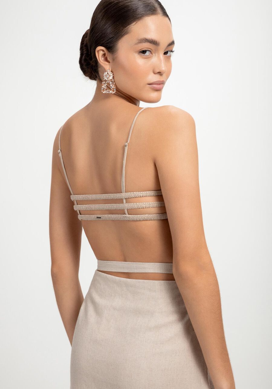 Top com Al&ccedil;as em Linho com P&eacute;rolas, BEGE OR FIV, large.