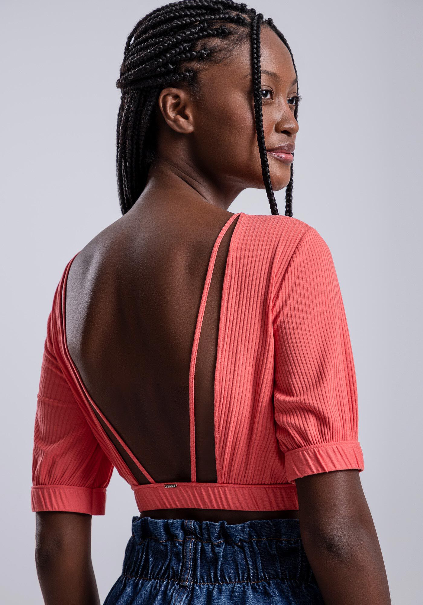 Blusa Cropped Canelada com Recorte Costas, , large.