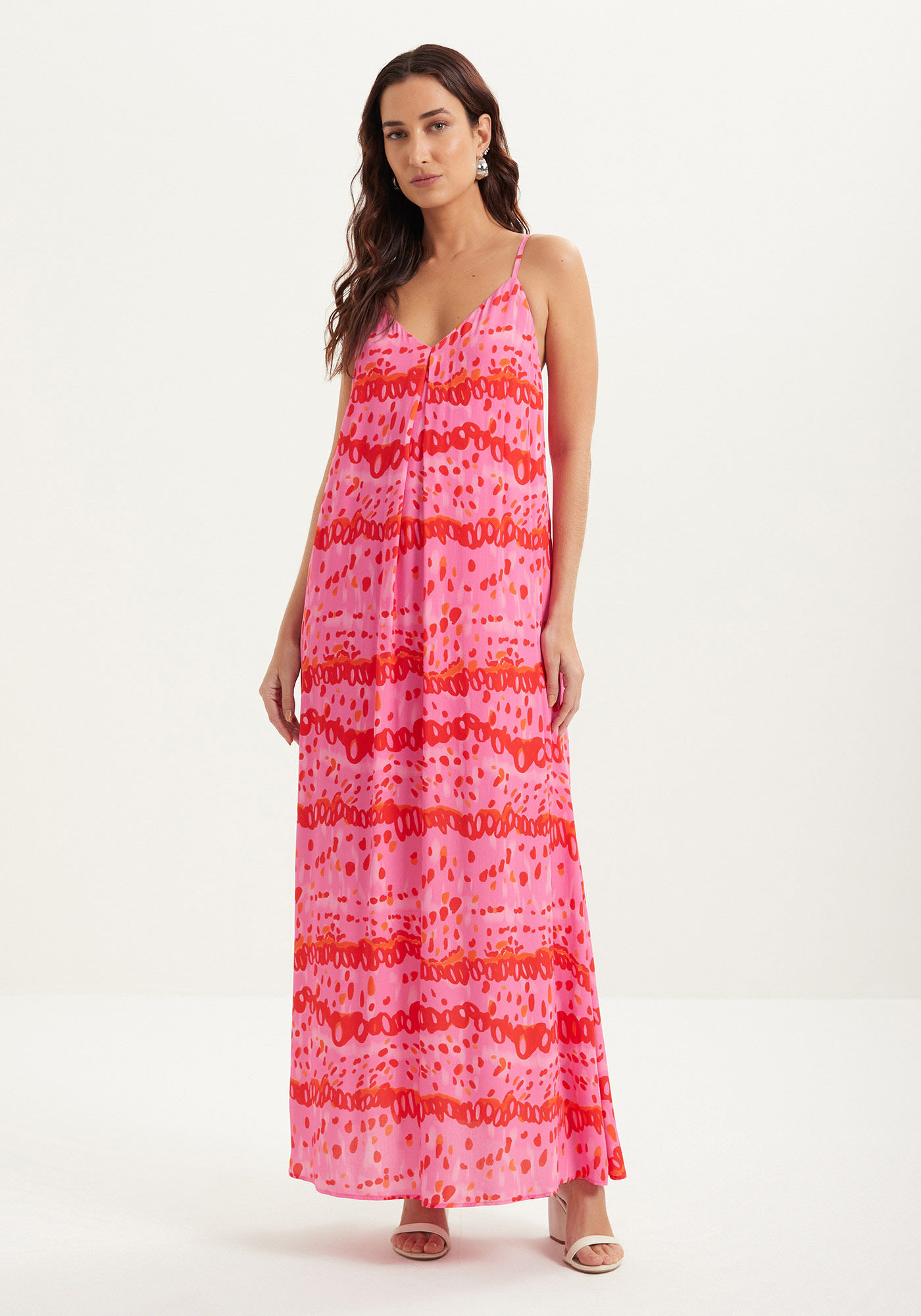 Vestido Longo Estampado Fluido De Al&ccedil;as Com Decote Em V, , large.