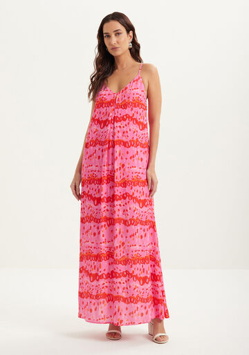 Vestido Longo Estampado Fluido De Alças Com Decote Em V, COLOR SKIN ROSA. Vestido Longo Estampado Fluido De Alças Com Decote Em V, COLOR SKIN ROSA, large.
