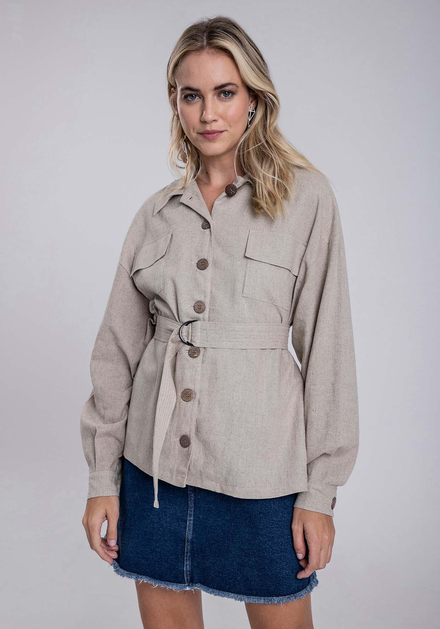 Camisa em Linho com Bolsos e Cinto, , large.