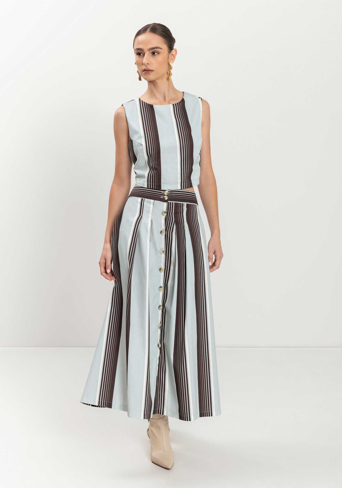 Saia Ch&aacute; Evas&ecirc; Com Cintura Alta E Bot&otilde;es Em Algod&atilde;o, , large.