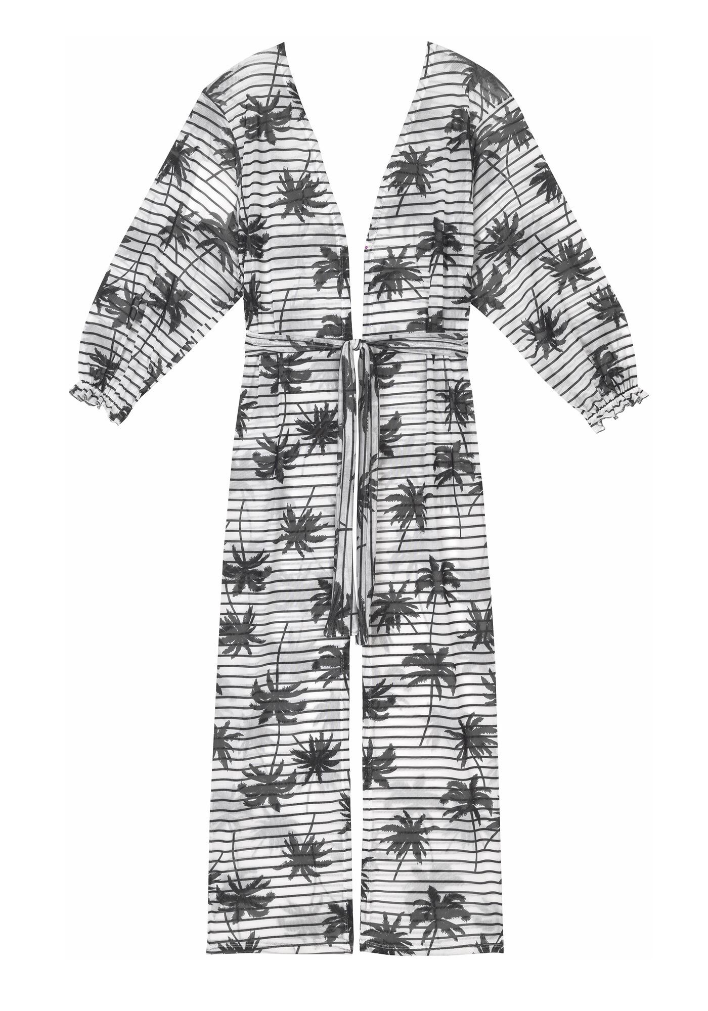 Kaftan Sa&iacute;da de Praia em Tule Estampado com Cinto, , large.