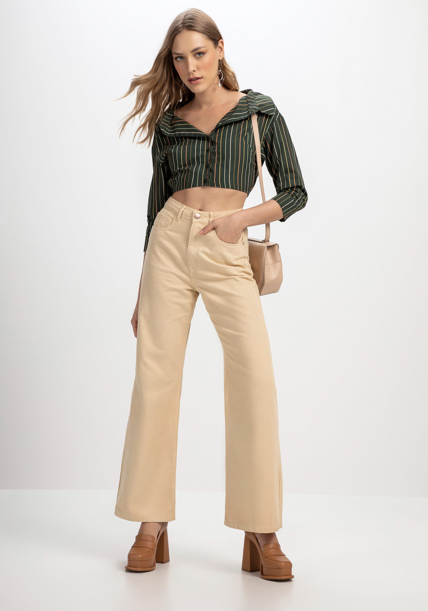 Camisa Cropped em Tricoline com Manga 3/4, , large.