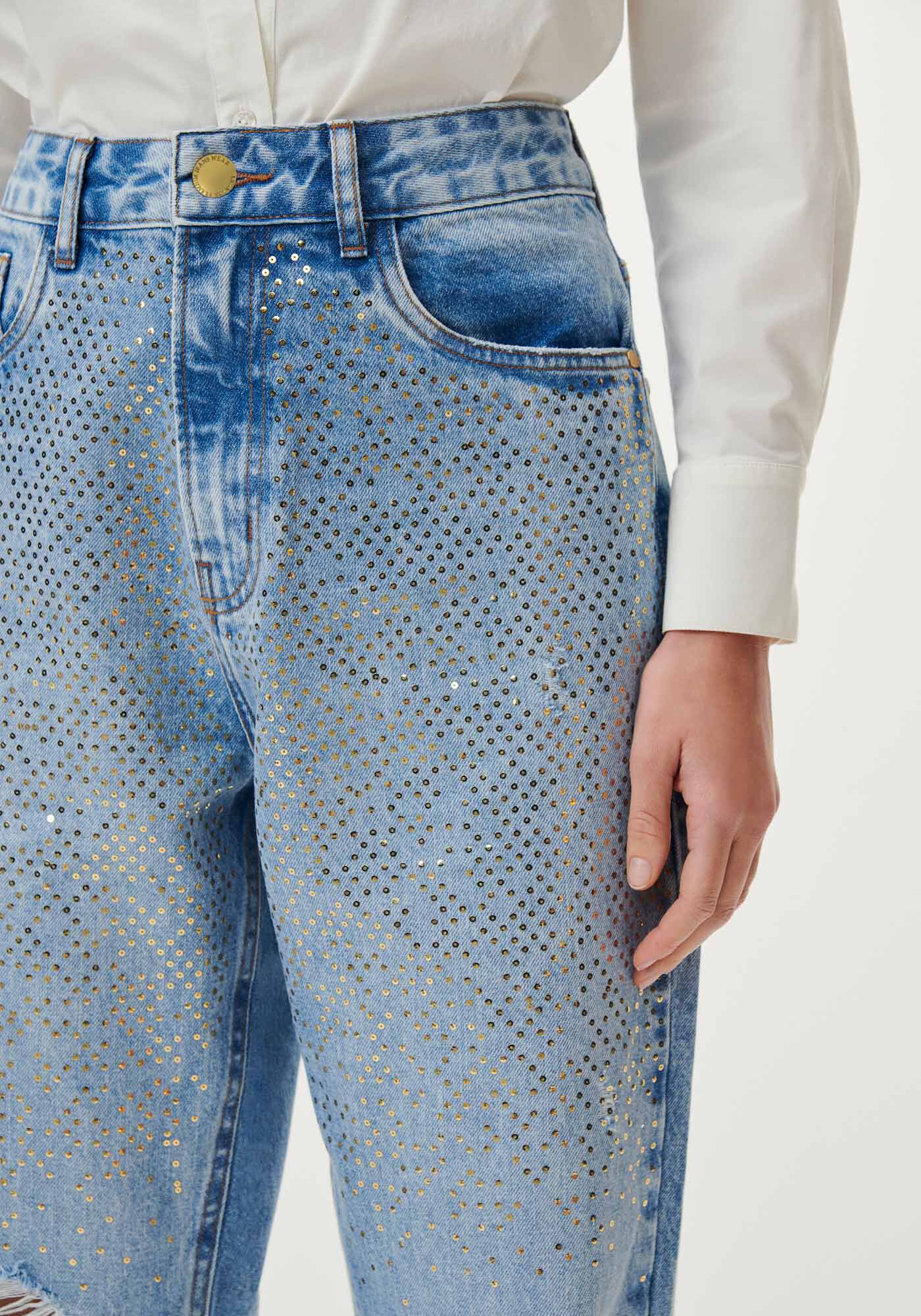 Cal&ccedil;a Jeans Mom Super Alta Cropped com Paet&ecirc;s, , large.