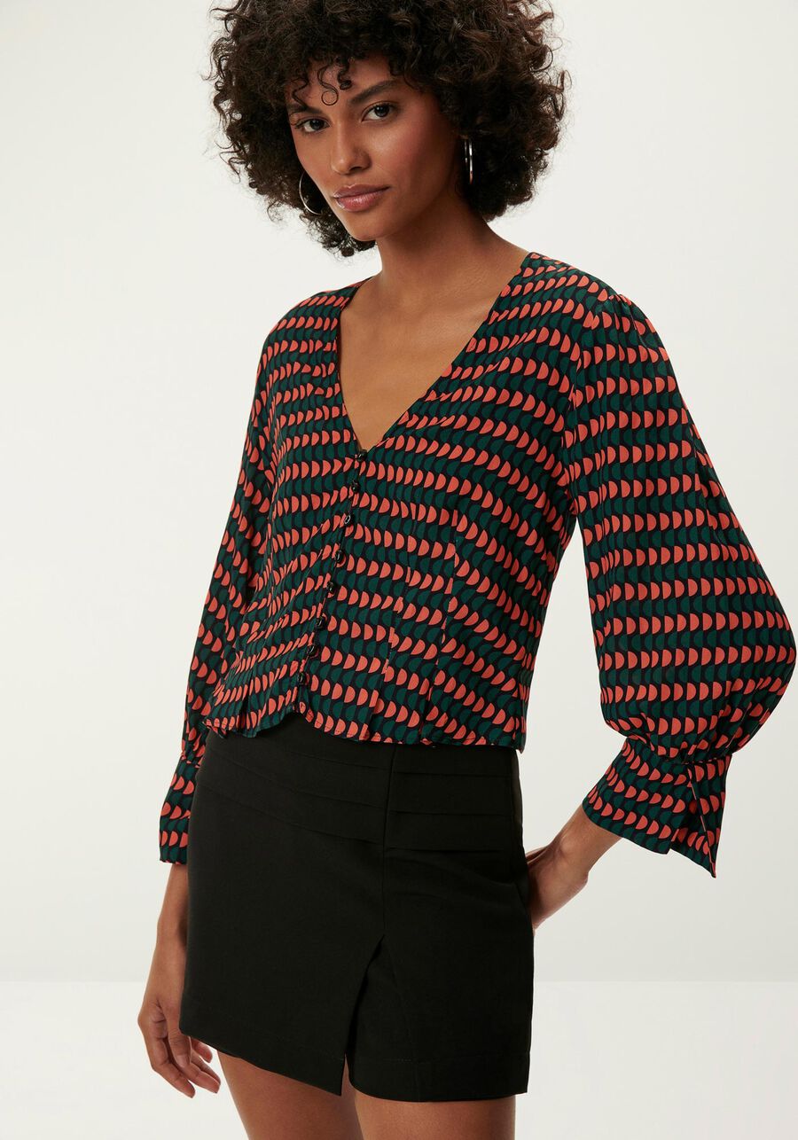 Blusa Manga 3/4 Bufante Estampada com Botões, . Blusa Manga 3/4 Bufante Estampada com Botões, , large.