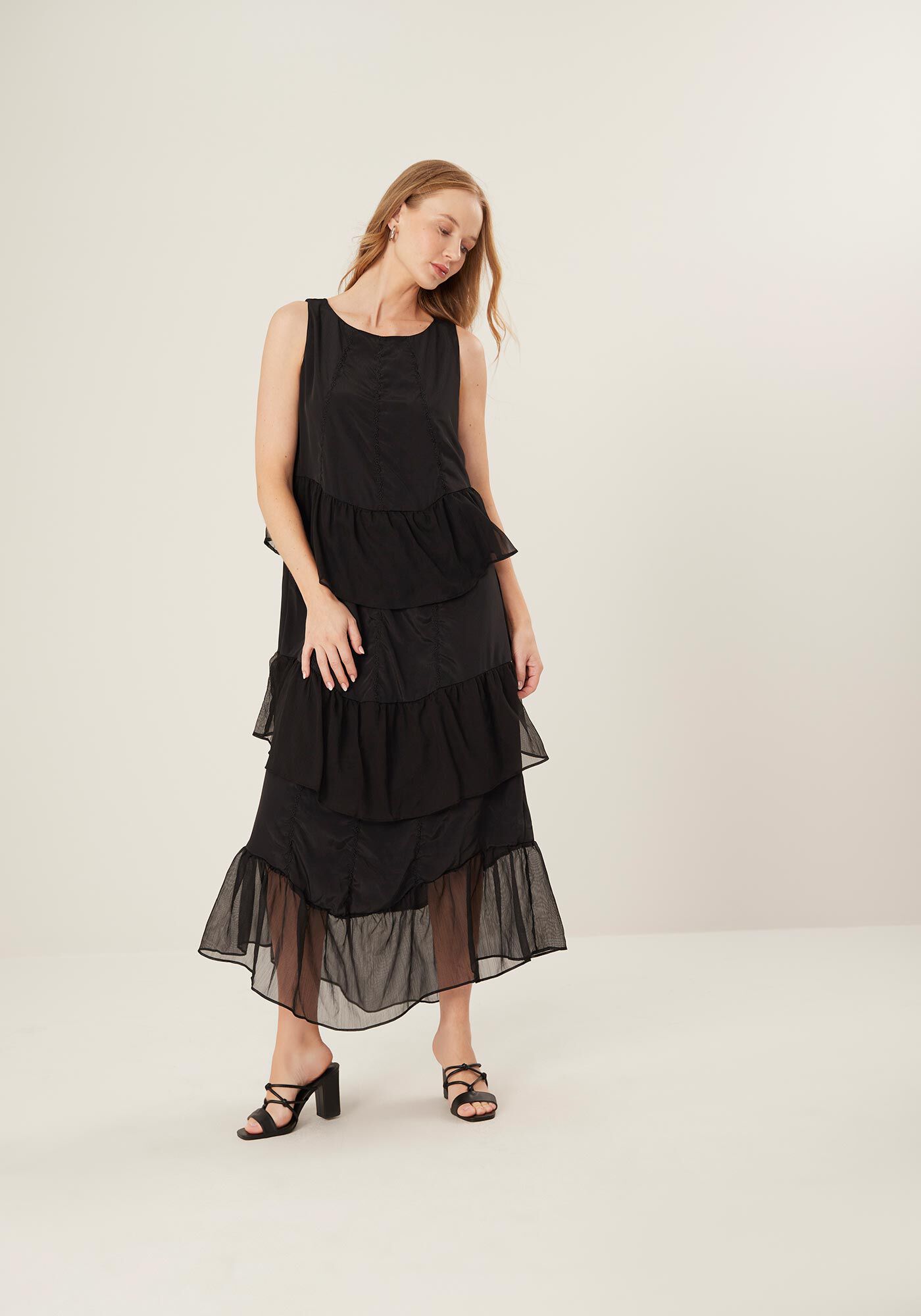 Vestido Longo com Babado e Transpar&ecirc;ncia, , large.