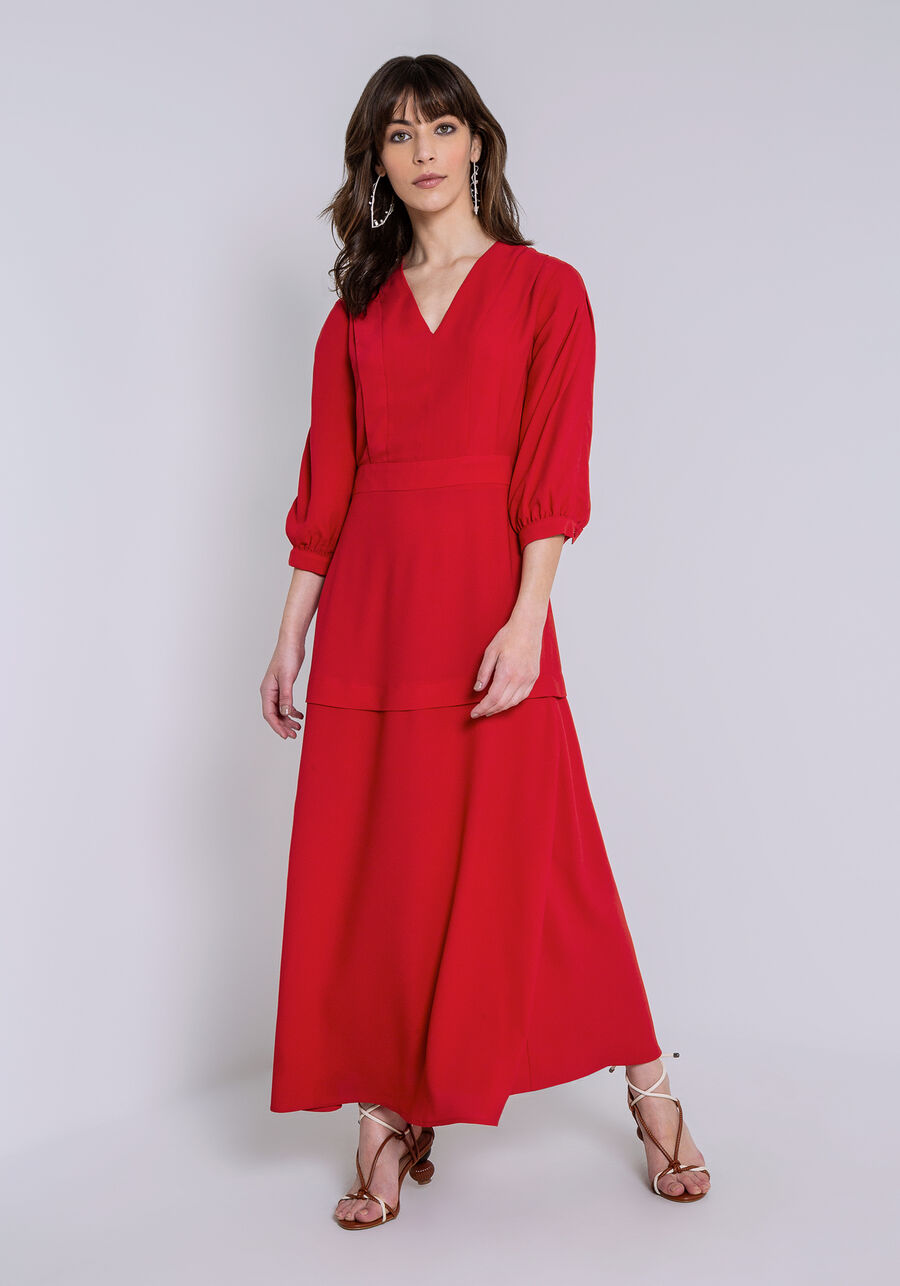 Vestido Crepe Manga 3/4 Midi com Pregas Decote, . Vestido Crepe Manga 3/4 Midi com Pregas Decote, , large.