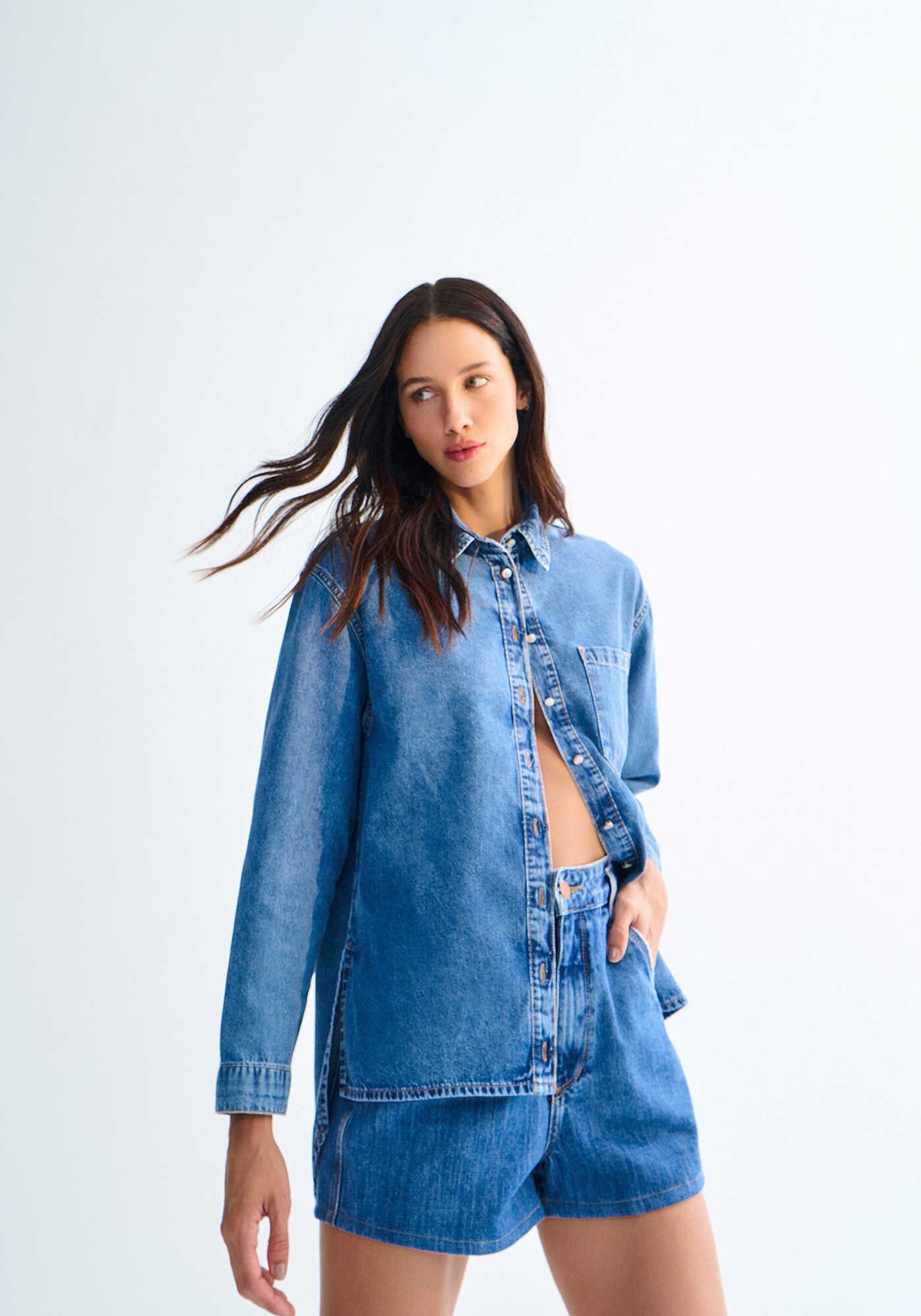 Camisa Jeans Oversized Mullet com Bolso, , large.