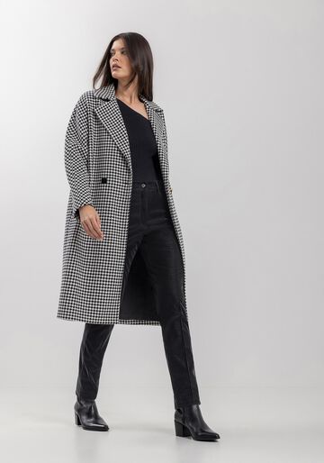 Sobretudo Pied De Poule Com Lapelas Duplas E Botões, PRETO/BRANCO. Sobretudo Pied De Poule Com Lapelas Duplas E Botões, PRETO/BRANCO, large.