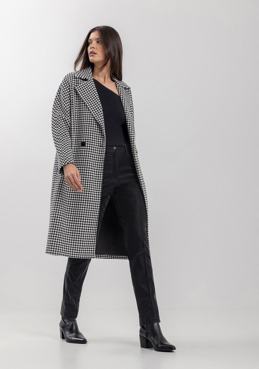 Sobretudo Pied De Poule Com Lapelas Duplas E Botões, PRETO/BRANCO. Sobretudo Pied De Poule Com Lapelas Duplas E Botões, PRETO/BRANCO, large.