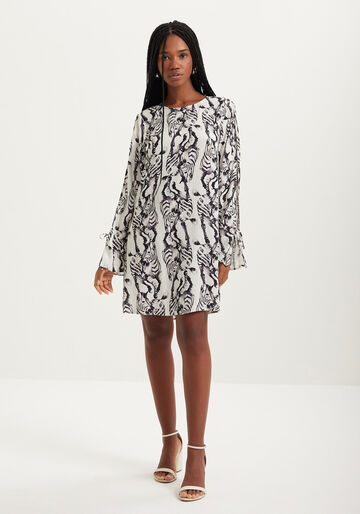 Vestido Curto Estampado De Mangas Longas Com Amarrações, ZEBRA PLISSE BEGE. Vestido Curto Estampado De Mangas Longas Com Amarrações, ZEBRA PLISSE BEGE, large.