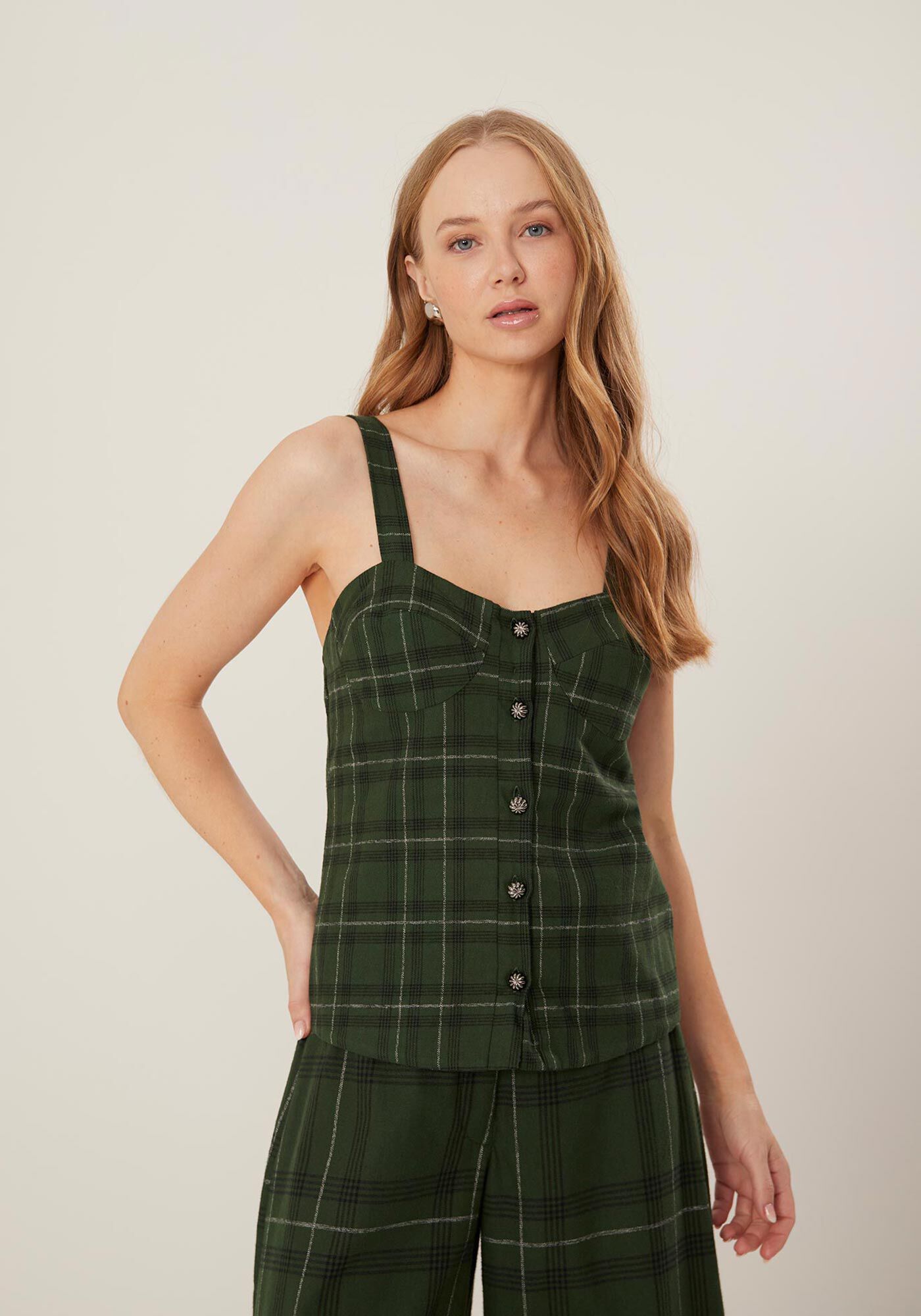 Blusa De Al&ccedil;as Xadrez Em Algod&atilde;o Com Bot&otilde;es Frontais, , large.