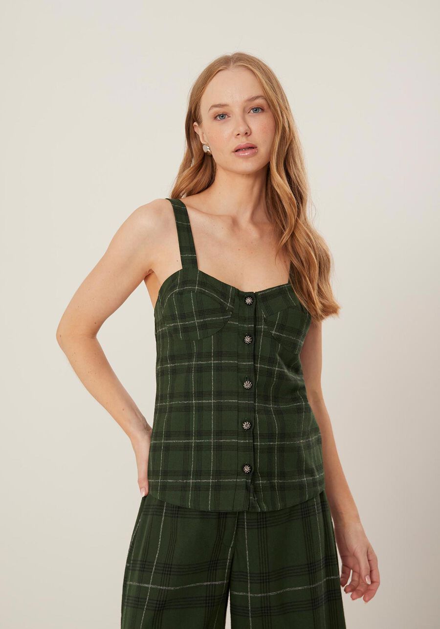 Blusa De Alças Xadrez Em Algodão Com Botões Frontais, . Blusa De Alças Xadrez Em Algodão Com Botões Frontais, , large.