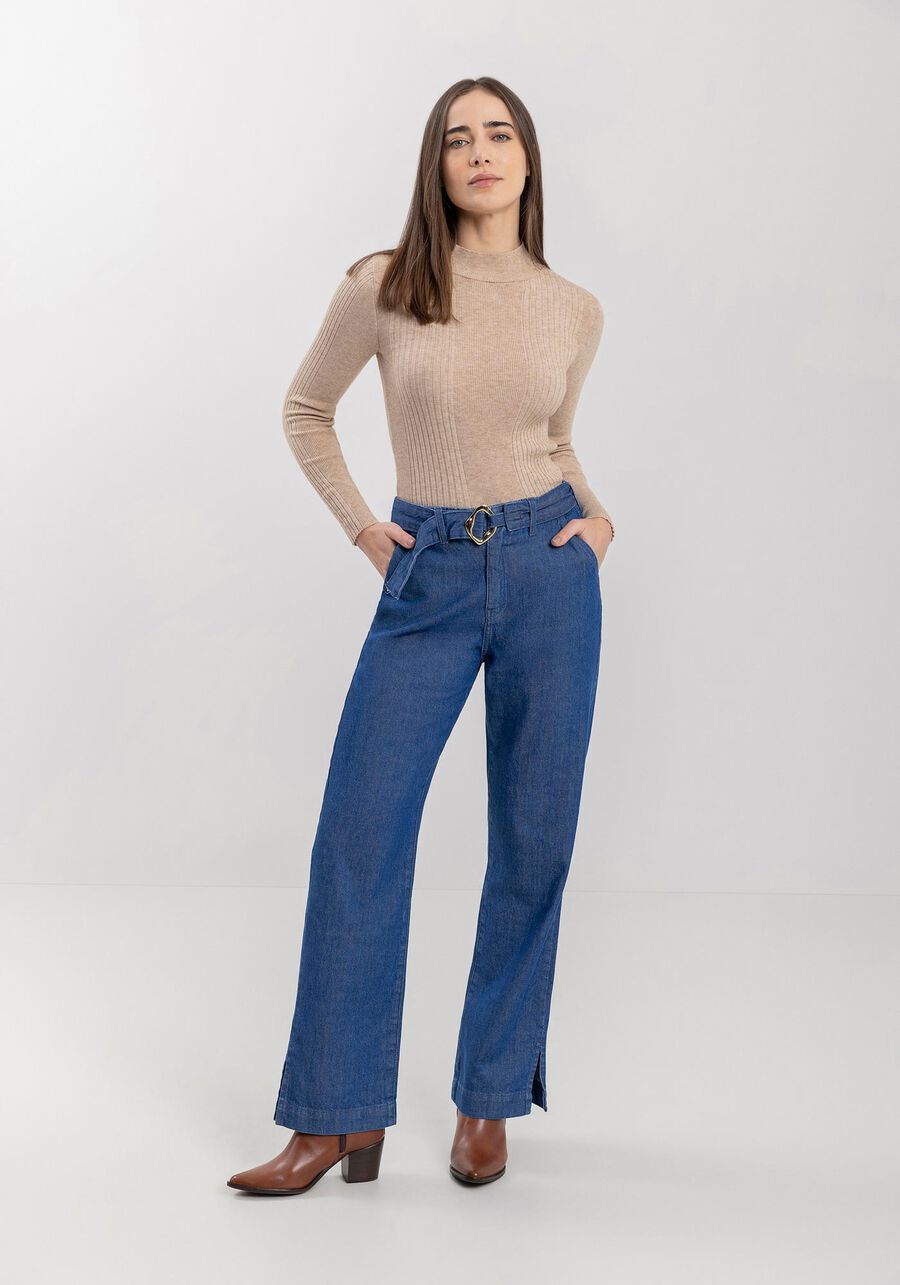 Calça Jeans Reta Com Fendas Na Barra E Cinto, . Calça Jeans Reta Com Fendas Na Barra E Cinto, , large.