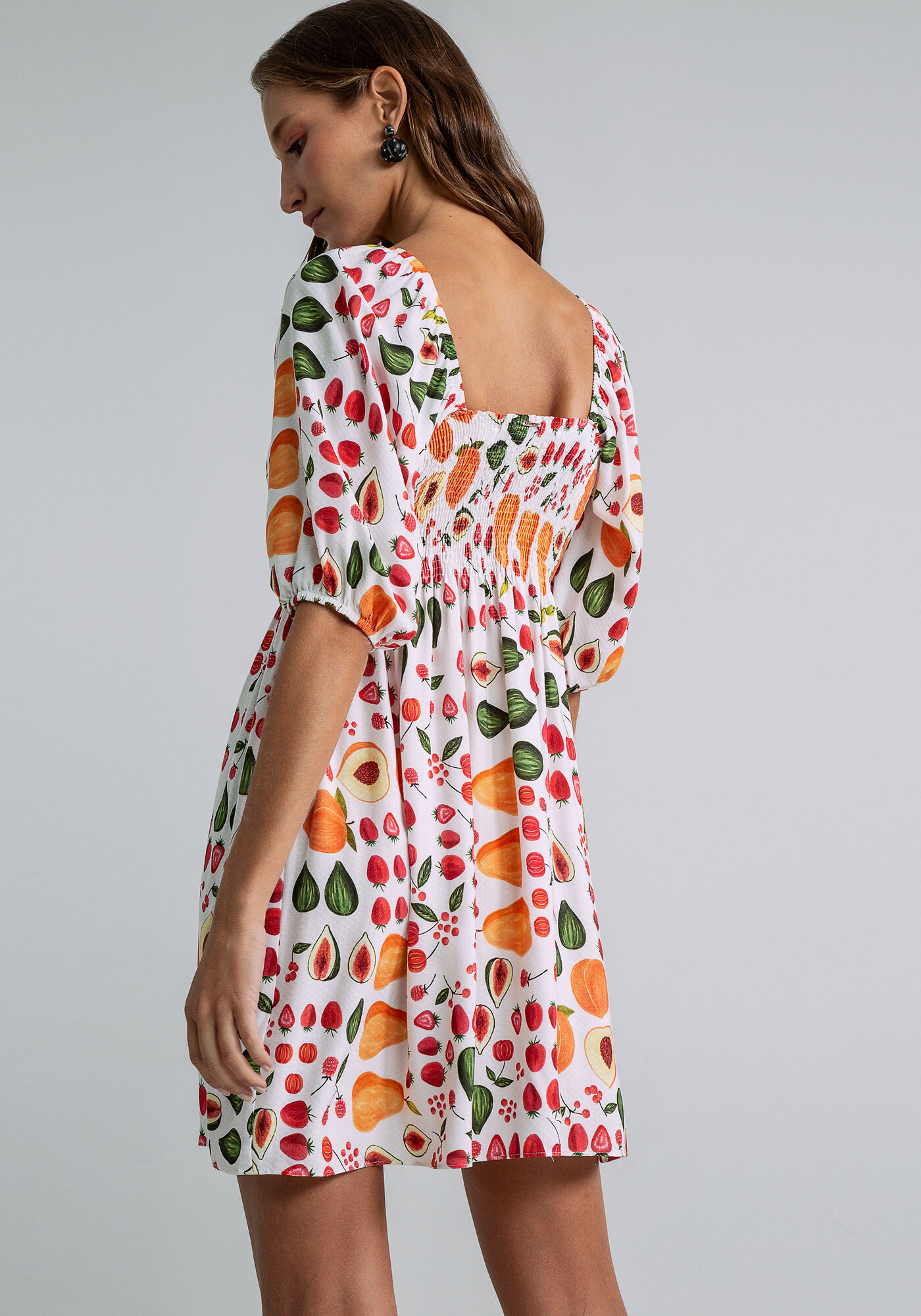 Vestido Curto Franzido no Decote, SALADA DE FRUTAS, large.