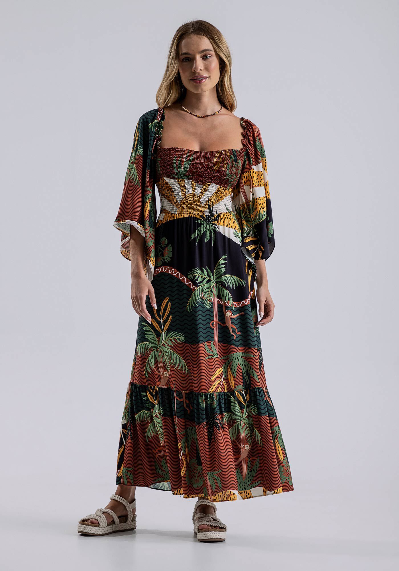 Vestido Midi Amplo com Manga 3/4 Flutuante, TRILHA, large.