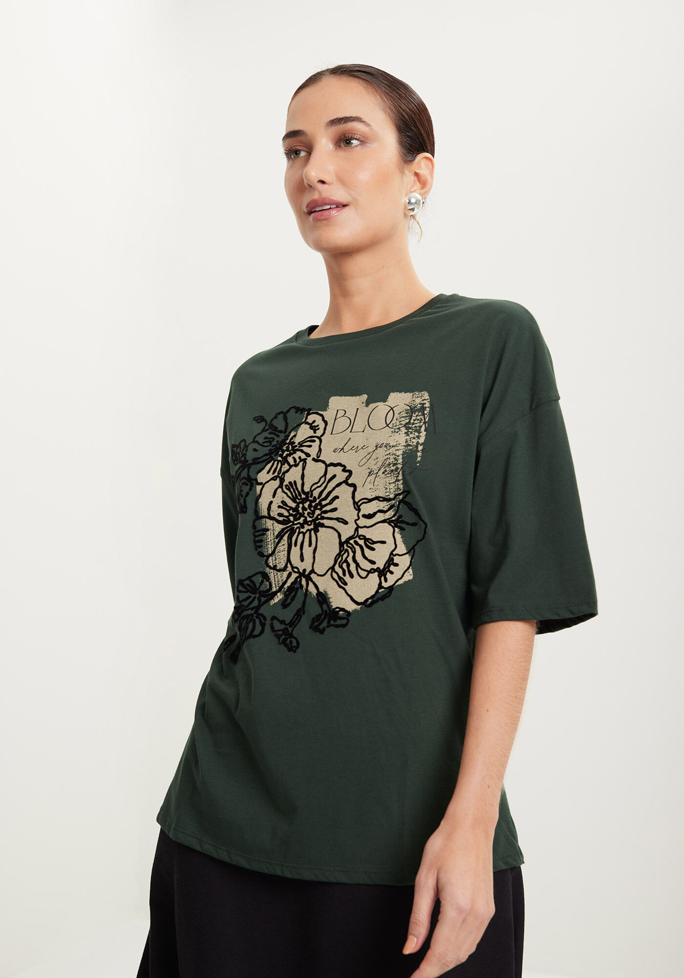 Blusa T-shirt Com Estampa Em Malha De Algod&atilde;o Penteado, VERDE COOPER, large.