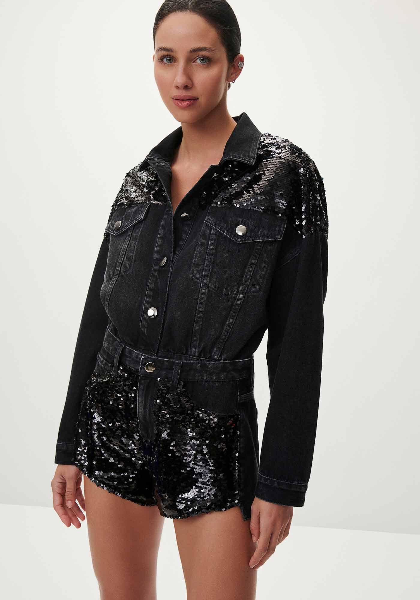 Shorts Jeans Linha A com Paet&ecirc;s, , large.