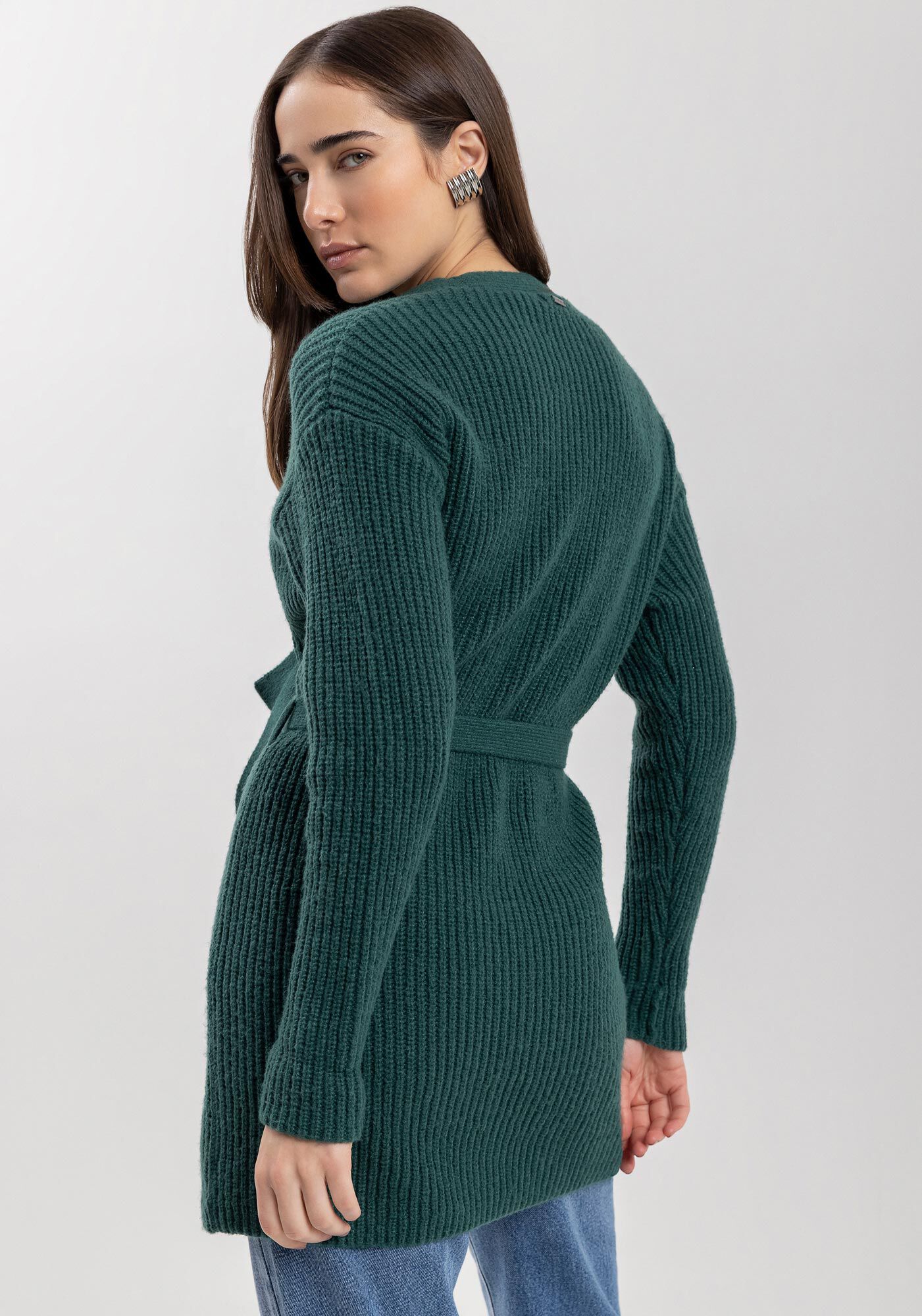 Cardigan Alongado Em Tric&ocirc; Com Cinto Afivelado, , large.