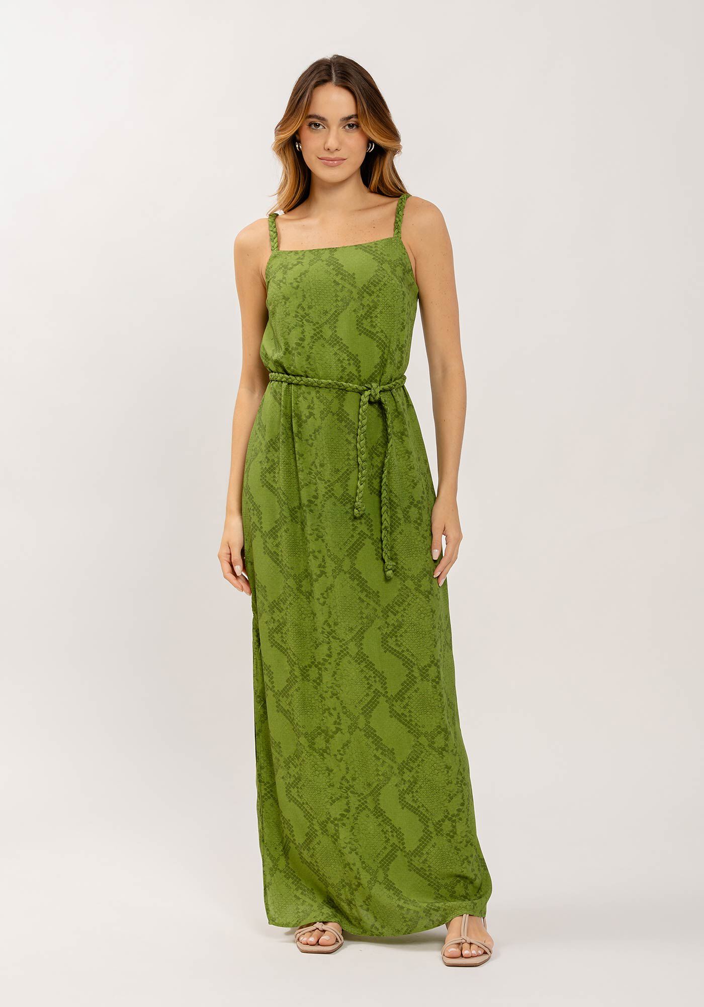 Vestido Midi Ch&aacute; em Viscose Estampado com Cinto, , large.