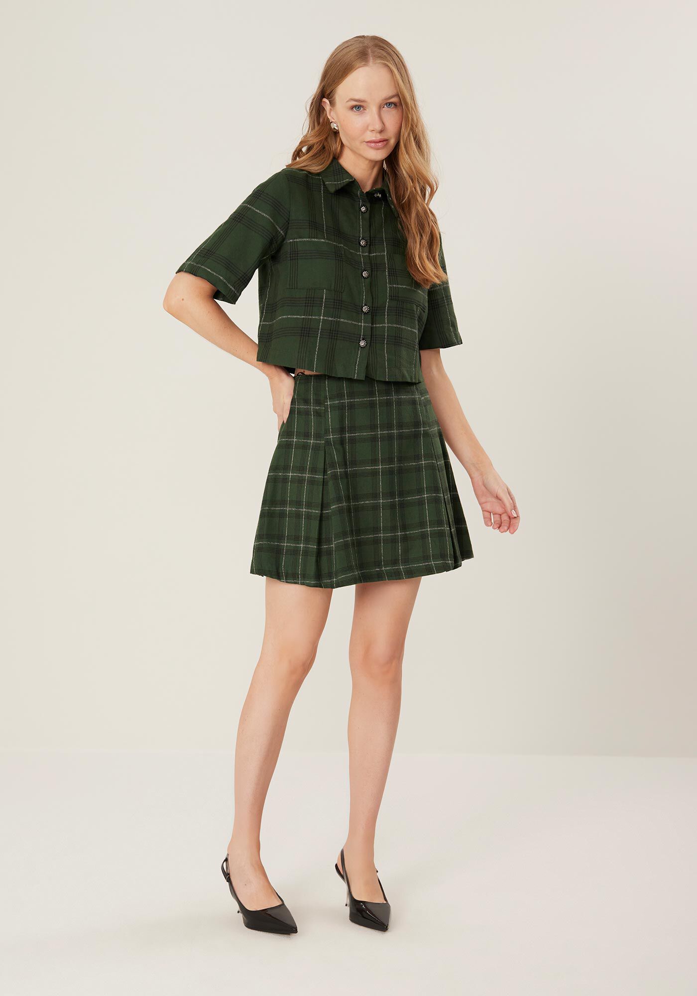 Camisa Xadrez De Mangas Curtas Com Bolsos E Bot&otilde;es Frontais, , large.