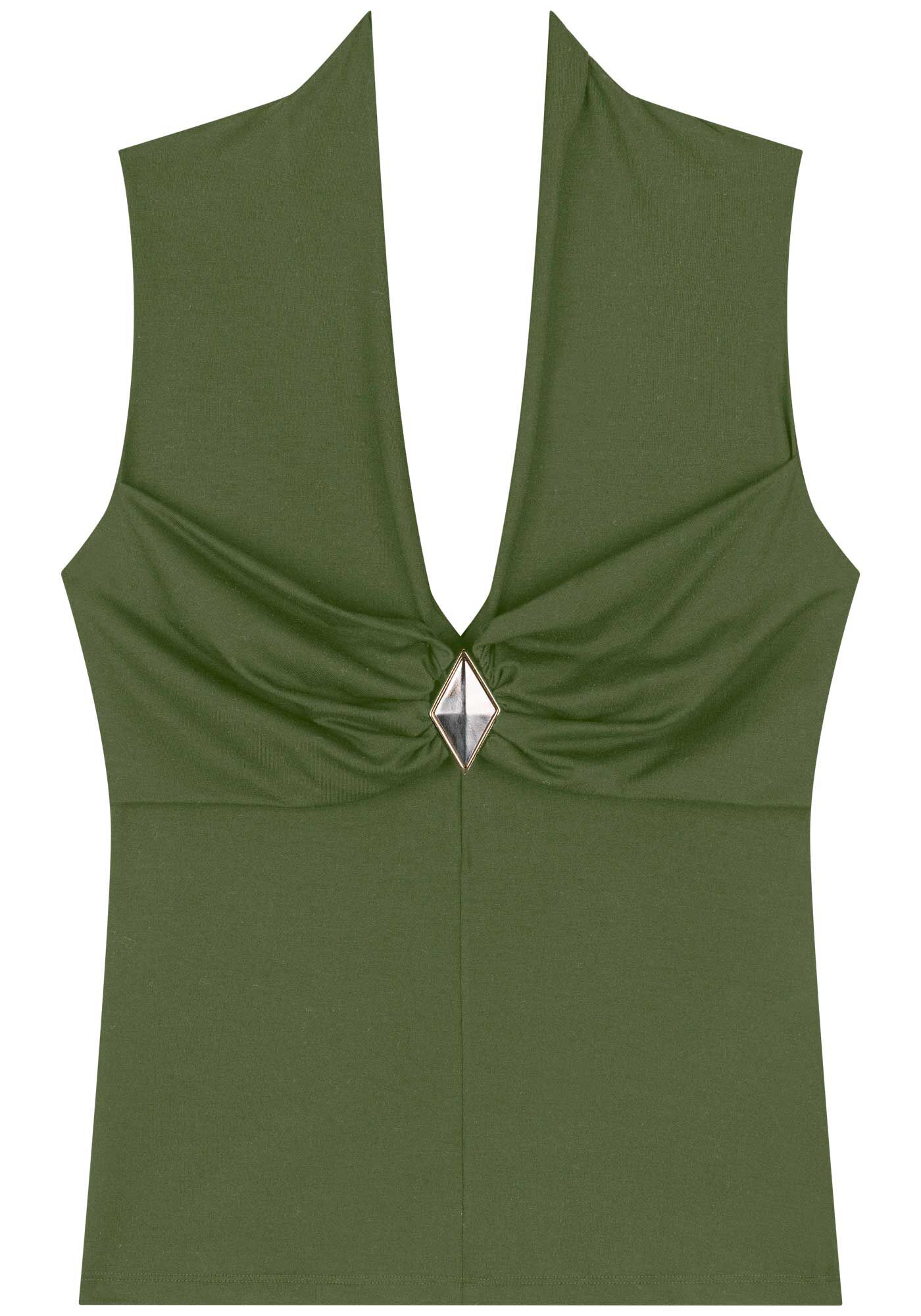 Blusa Com Decote Em V E Enfeite No Busto Em Malha Modal, , large.