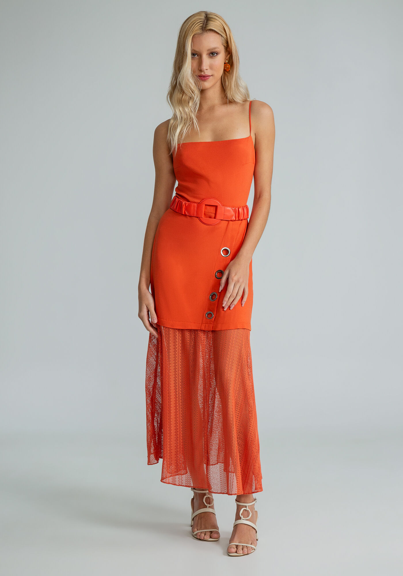 Vestido Midi Ilh&oacute;s Recorte Renda, LARANJA, large.