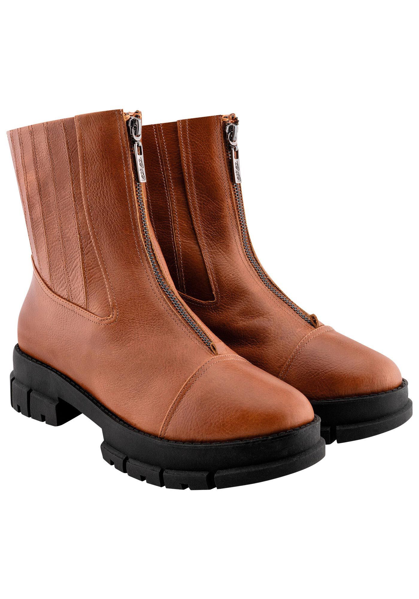 Bota Coturno Cano Baixo em Couro com Z&iacute;per, CARAMELO, large.
