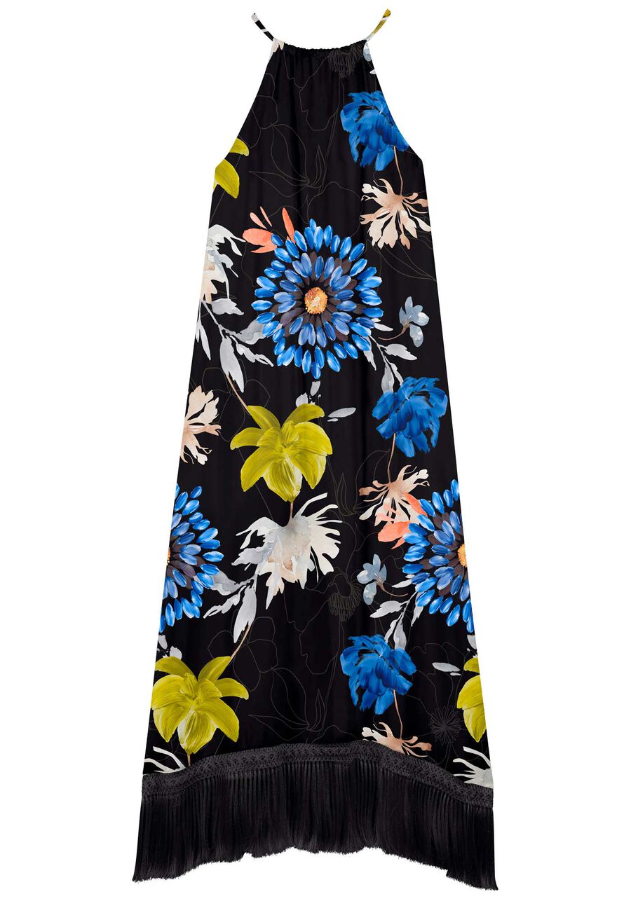 Vestido Longo Estampado Com Franjas Na Barra, . Vestido Longo Estampado Com Franjas Na Barra, , large.