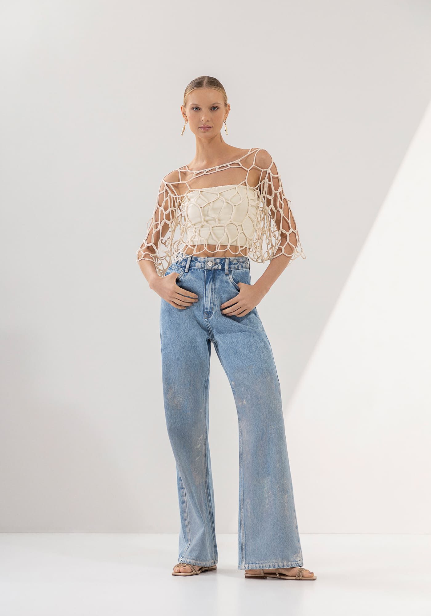 Cal&ccedil;a Jeans Wide Leg Super Alta Hologr&aacute;fica, JEANS, large.